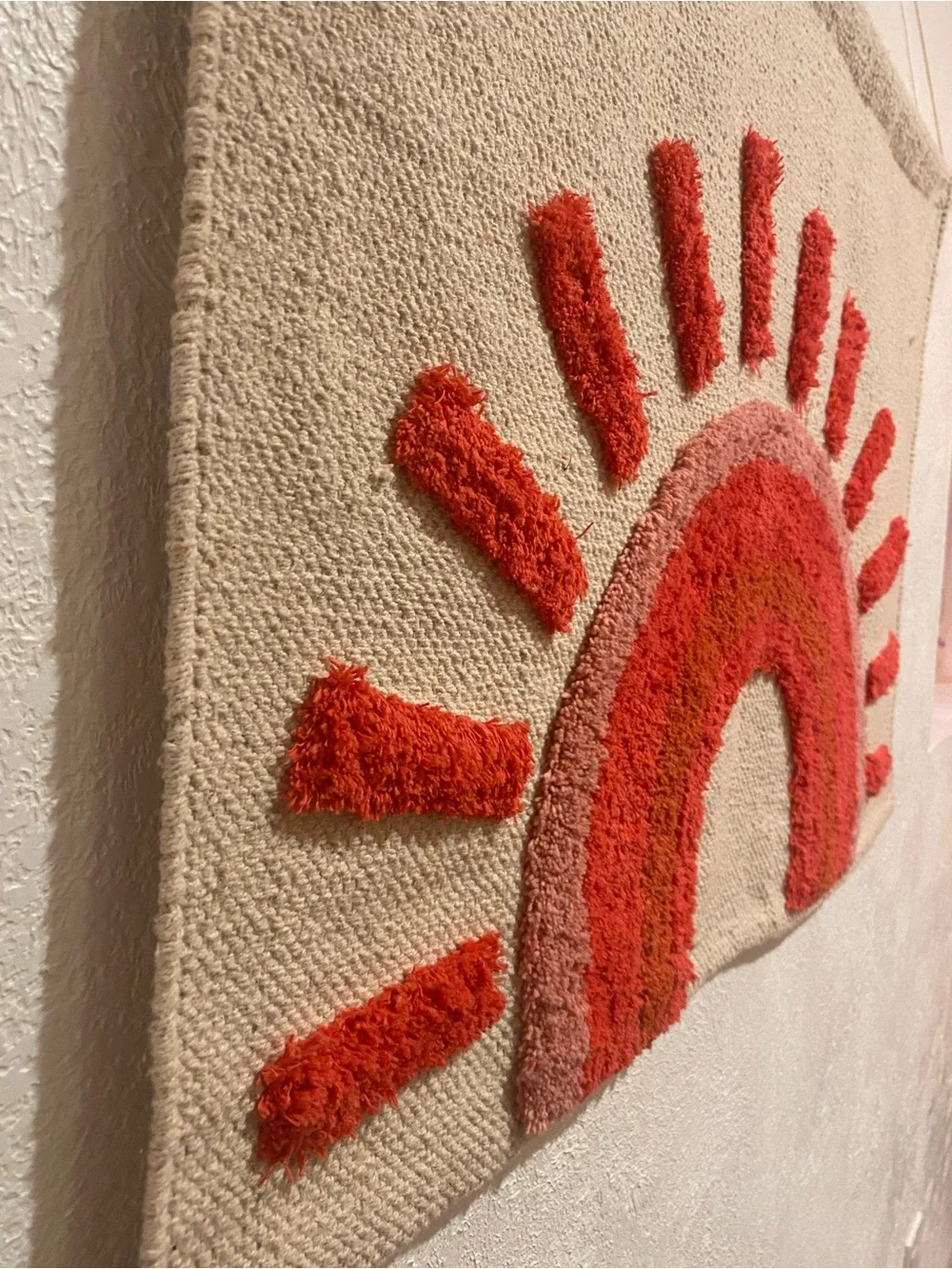 Neutral Canvas Wall Hanging with Shades of Scarlet Pink Sunburst Accent